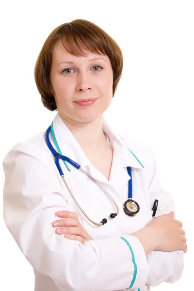 Жінка лікар на білому тлі . — стокове фото