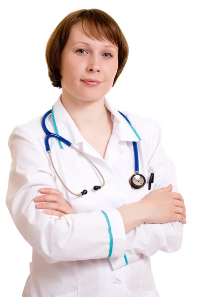 Жінка лікар на білому тлі . — стокове фото