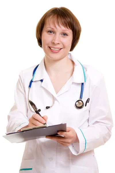 Женщина-врач на белом фоне . — стоковое фото