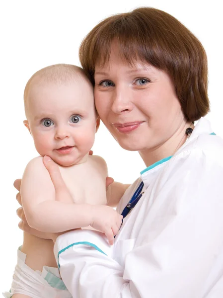 Γιατρός με ένα μωρό σε λευκό φόντο. — Φωτογραφία Αρχείου