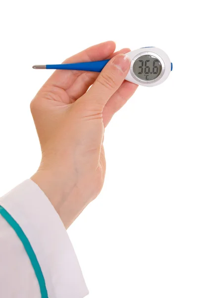 Hand and a thermometer on white background. — Stock Photo, Image