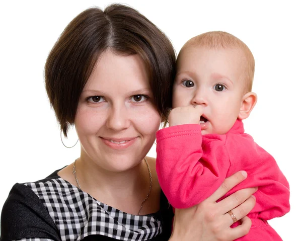 Mãe com um bebê em um fundo branco — Fotografia de Stock