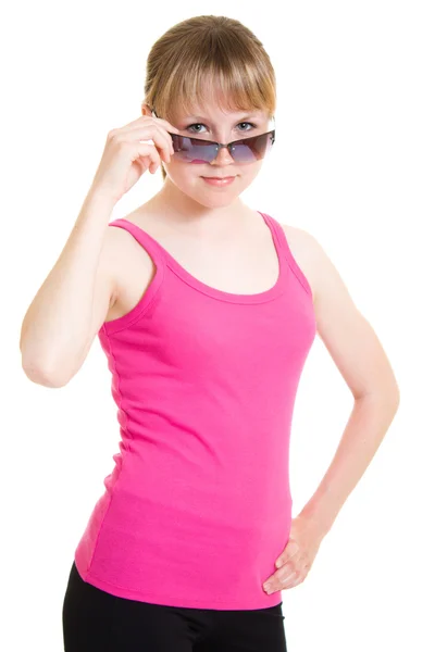 Adolescente em óculos de sol no fundo branco . — Fotografia de Stock
