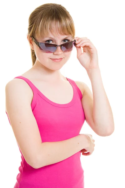 Tiener in zonnebril op witte achtergrond. — Stockfoto