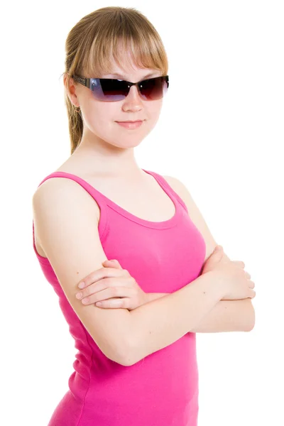 Підліток в сонцезахисних окулярах на білому тлі . — стокове фото