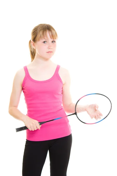 Girl with a racket on a white background. — Stock Photo, Image