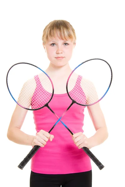 Girl with a racket on a white background. — Stock Photo, Image