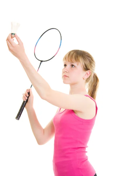 Chica con una raqueta sobre un fondo blanco . —  Fotos de Stock