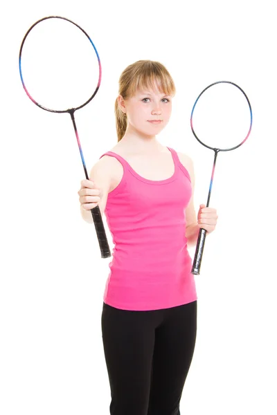 Menina com uma raquete em um fundo branco . — Fotografia de Stock