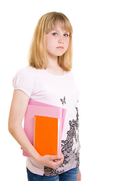 Tonåring med böcker på vit bakgrund. — Stockfoto