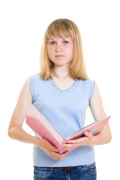 Adolescente con libri su sfondo bianco . — Foto Stock