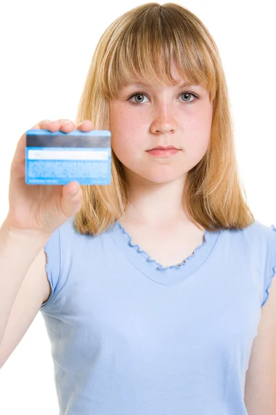 Meisje met een automatische incasso kaart in de hand — Stockfoto