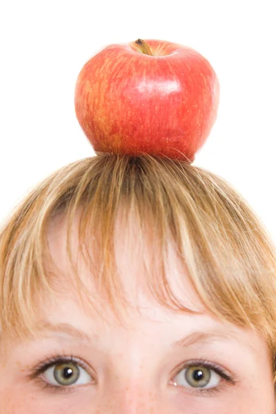 Fille avec une pomme sur un fond blanc . — Photo