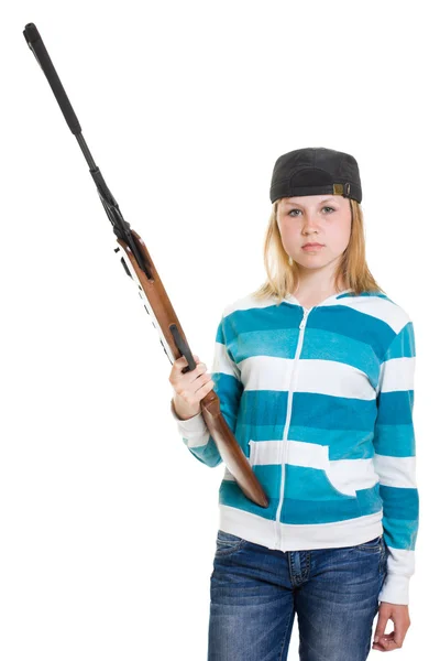 Un adolescent cu o armă pe un fundal alb . — Fotografie, imagine de stoc