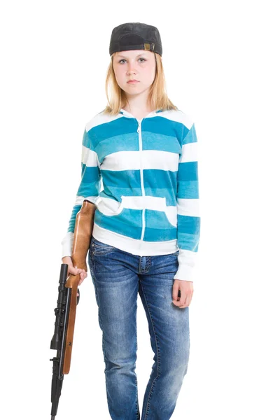 stock image A teenager with a gun on a white background.