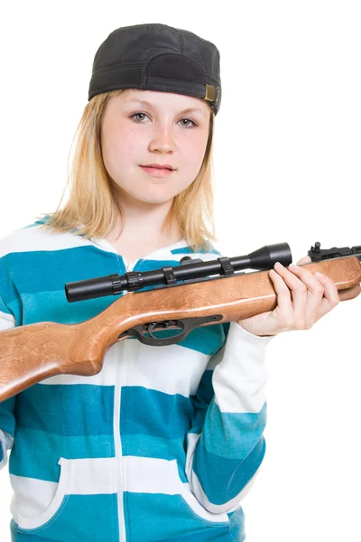 Подросток с пистолетом на белом фоне . — стоковое фото