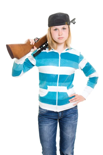 Un adolescente con una pistola su sfondo bianco . — Foto Stock