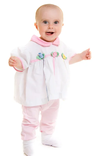 Bebé en vestido sobre un fondo blanco . —  Fotos de Stock