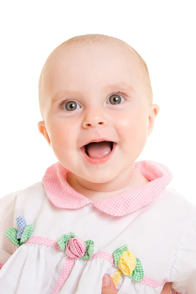 Bebê sorridente em um fundo branco . — Fotografia de Stock