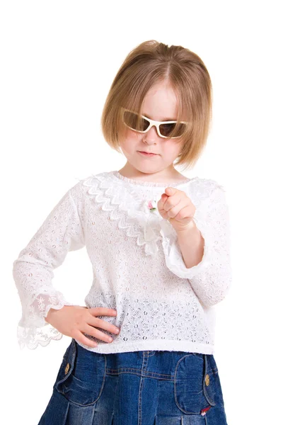 Child in sunglasses on white background. — Stock Photo, Image