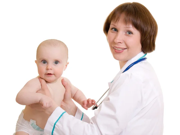 Arts met een baby op een witte achtergrond. Stockfoto