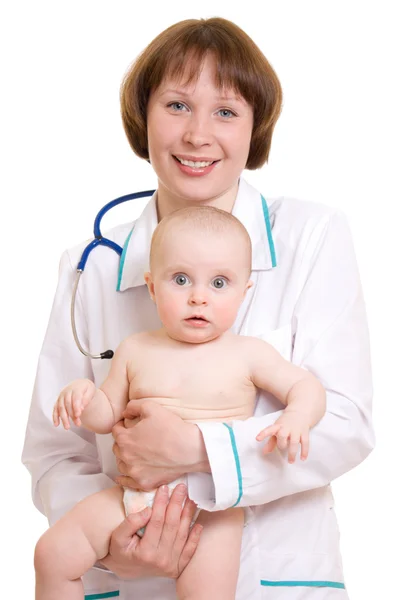 Arts met een baby op een witte achtergrond. Rechtenvrije Stockafbeeldingen
