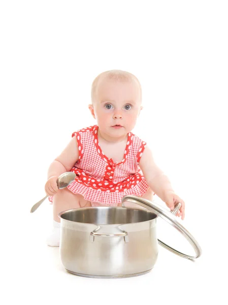 Le gamin avec la casserole sur fond blanc . — Photo