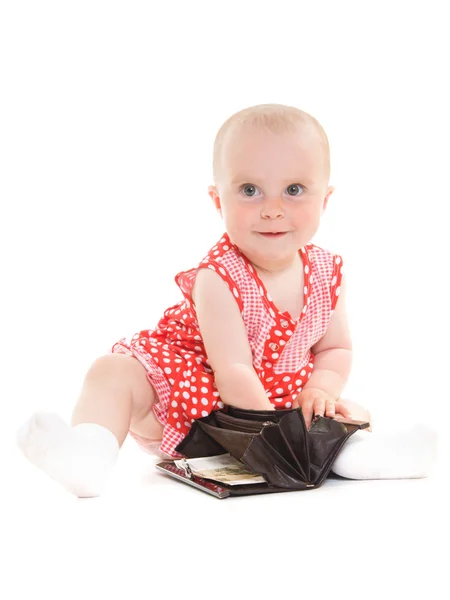 Dítě s penězi na bílém pozadí. — Stock fotografie