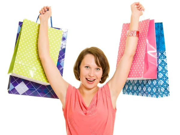 Dívka s nákupy na bílém pozadí. — Stock fotografie