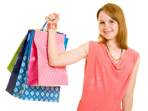 Mädchen mit Shopping auf weißem Hintergrund. — Stockfoto