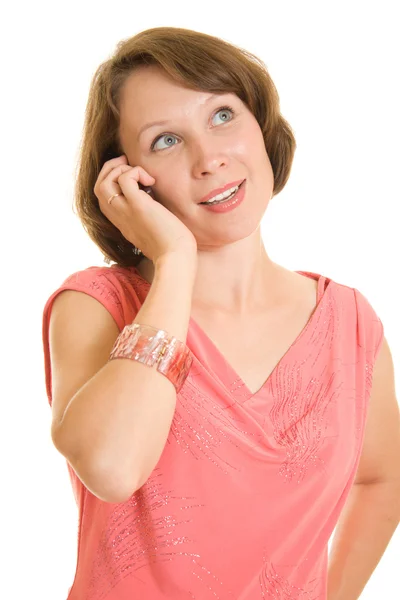 Flickan med telefonen på en vit bakgrund. — Stockfoto