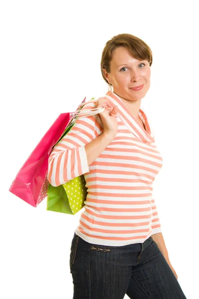 Дівчина з покупками на білому тлі . — стокове фото