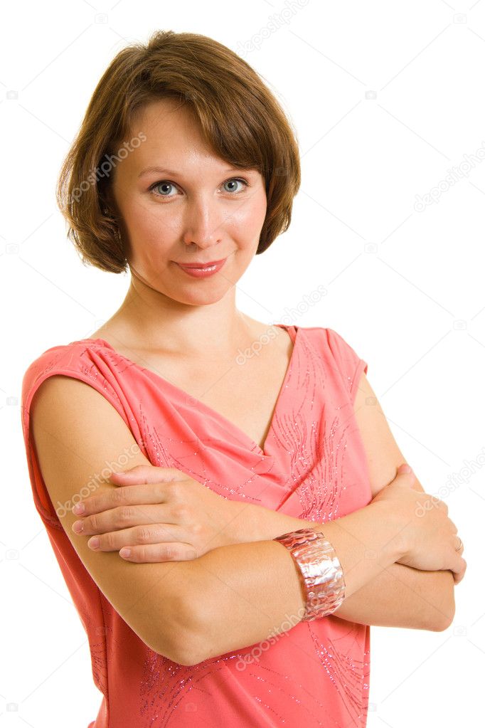 Woman in red dress on white background.