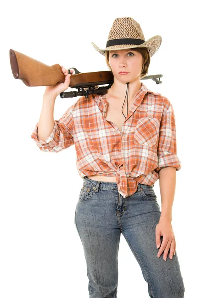 Cowboy kvinna med en pistol på en vit bakgrund. — Stockfoto