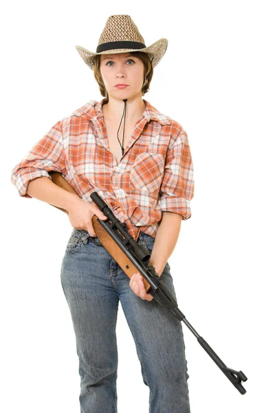 Cowboy-Frau mit Pistole auf weißem Hintergrund. — Stockfoto