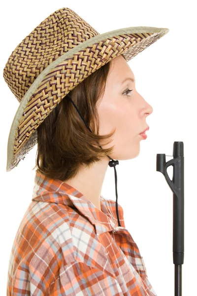 Cowboy-Frau mit Pistole auf weißem Hintergrund. — Stockfoto