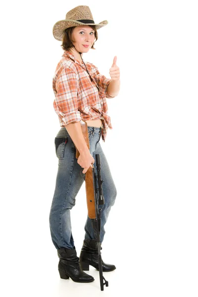 Cowboy femme avec un pistolet sur un fond blanc . — Photo