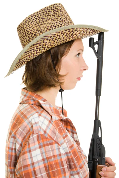 Cowboy vrouw met een pistool op een witte achtergrond. — Stockfoto