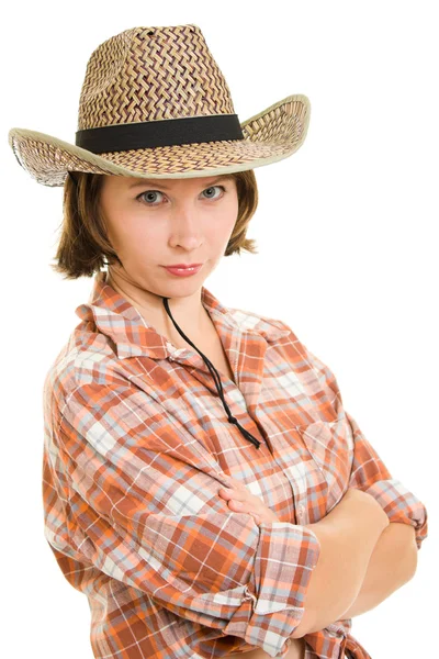 Cowboy mulher em um fundo branco . — Fotografia de Stock