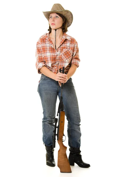 Cowboy-Frau auf weißem Hintergrund. — Stockfoto