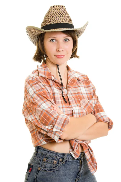 Cowboy nő fehér alapon. — Stock Fotó