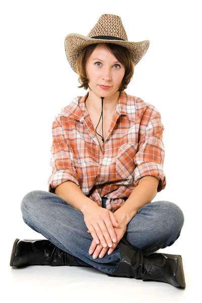 Cowboy kvinna på en vit bakgrund. — Stockfoto