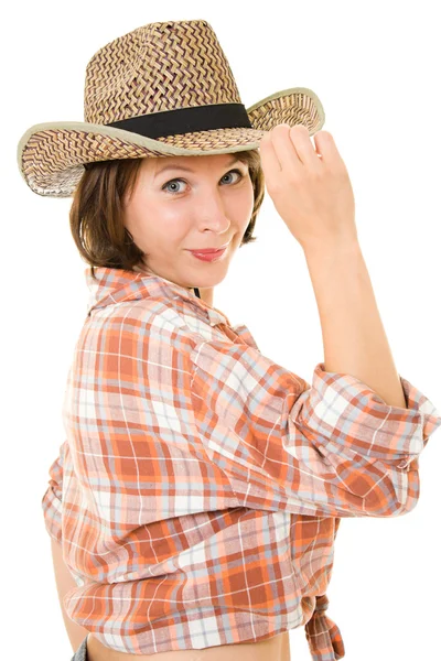 Cowboy mulher em um fundo branco . — Fotografia de Stock
