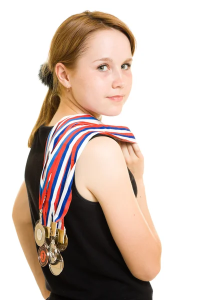 Lány bajnok egy fehér háttér — Stock Fotó