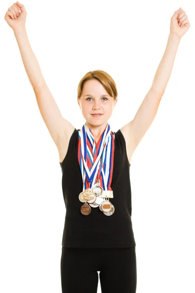 Meisje kampioen op een witte achtergrond — Stockfoto