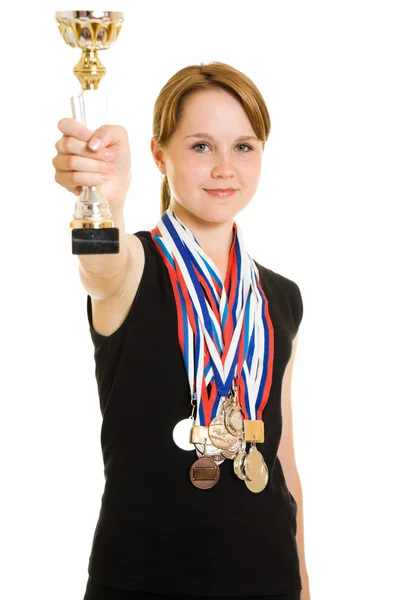 Menina campeão em um fundo branco — Fotografia de Stock