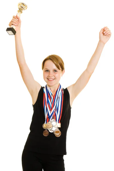 Chica campeona sobre un fondo blanco — Foto de Stock
