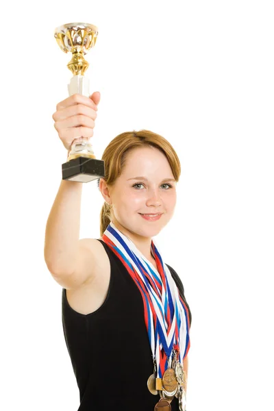 Κορίτσι πρωταθλητής σε λευκό φόντο — Φωτογραφία Αρχείου