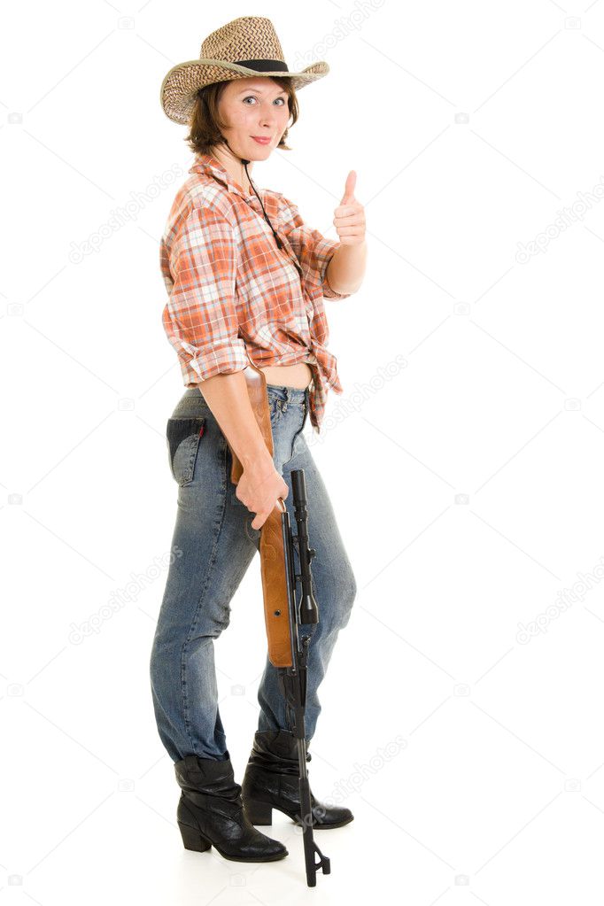 Cowboy woman with a gun on a white background. — Stock Photo ...