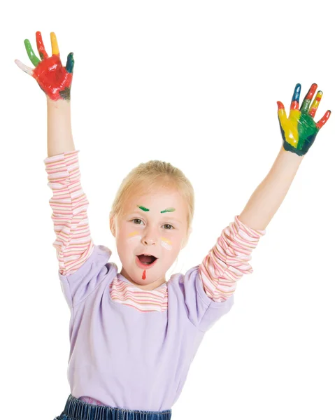 Χαριτωμένο κορίτσι παίζει με τα χρώματα — Φωτογραφία Αρχείου